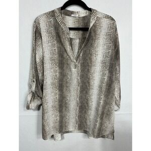 Studio 1886 Brown White Reptile Snake Animal Print Roll Tab Split Neck Blouse 1X